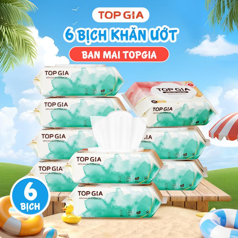 (DEAL 99k ĐỘC QUYỀN) Thùng 6 bịch khăn ướt BAN MAI cao cấp Topgia kích thước 14x18cm mềm mại, Khăn giấy ướt không mùi, an toàn mọi làn da (KU)