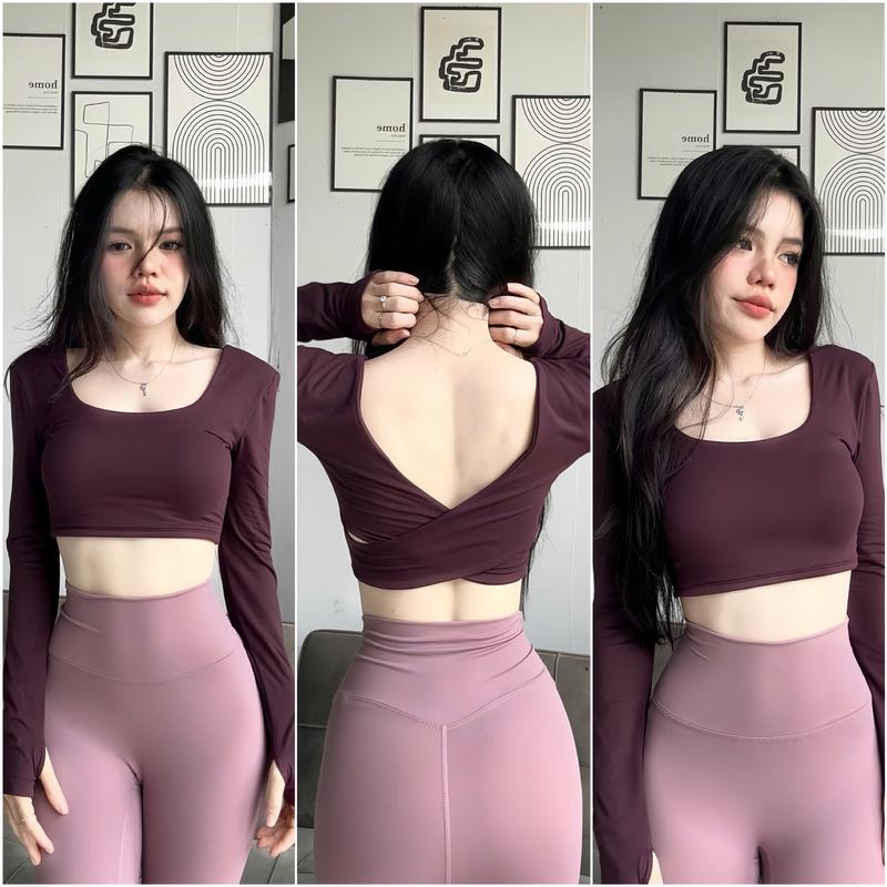 Áo Croptop Tay Dài Cổ U Chéo Lưng Thể Thao Kèm Mút B14 Tập Gym-Yoga-Aerobic Không kèm quần ️