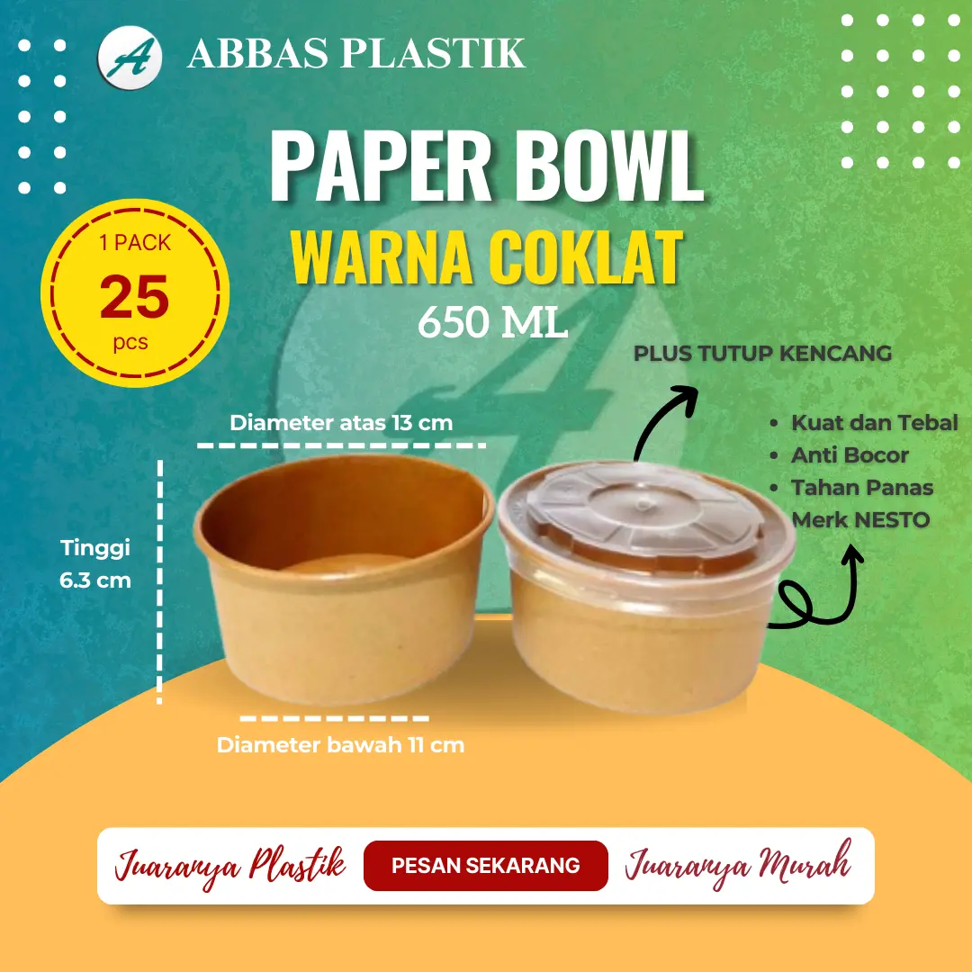 Paper Bowl Bulat Warna Craft + tutup bening / Merk Nesto / Ukuran 650 ml/ 1 pak isi 25 pcs/ Dimensi 6,5 x 11 x 13 cm