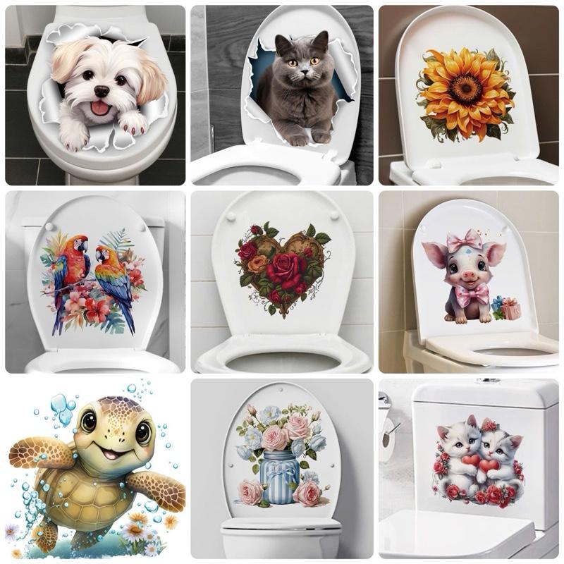  Miếng dán bồn cầu 30*30cm xinh xắn | Decal dán nắp toilet chống nước trang trí con vật cưng hoa lá | Decor WC đẹp lạ 