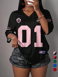 Camiseta deportiva de malla transpirable estilo Y2K American Vintage para mujer, con estampado digital y cuello en V, estilo hip hop cool para fiestas y streetwear