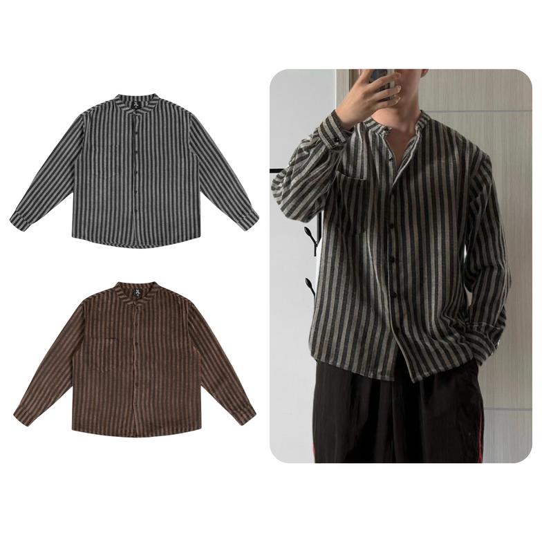 Áo sơ mi dài tay cổ tàu Henz Jack Lane, Áo sơ mi kẻ sọc form oversize chất vải đũi pha dạ