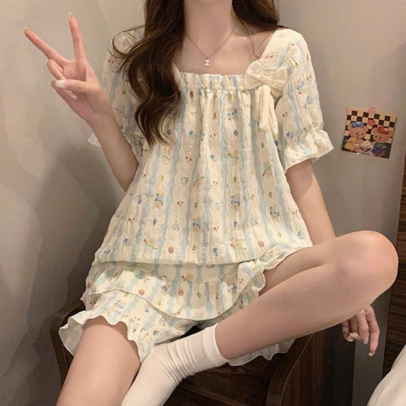 Đồ Bộ Pijama Tay Cộc Quần Đùi 2 Nơ Phối Bèo Nữ Tiểu Thư Họa Tiết Hoa Nhí Vải Đũi Xốp Thoáng Mát Size Free Size Cho 40-60kg Đồ Ngủ Nữ Quần Áo Ngủ Pijama NỮ Đầm Ngủ Đẹp