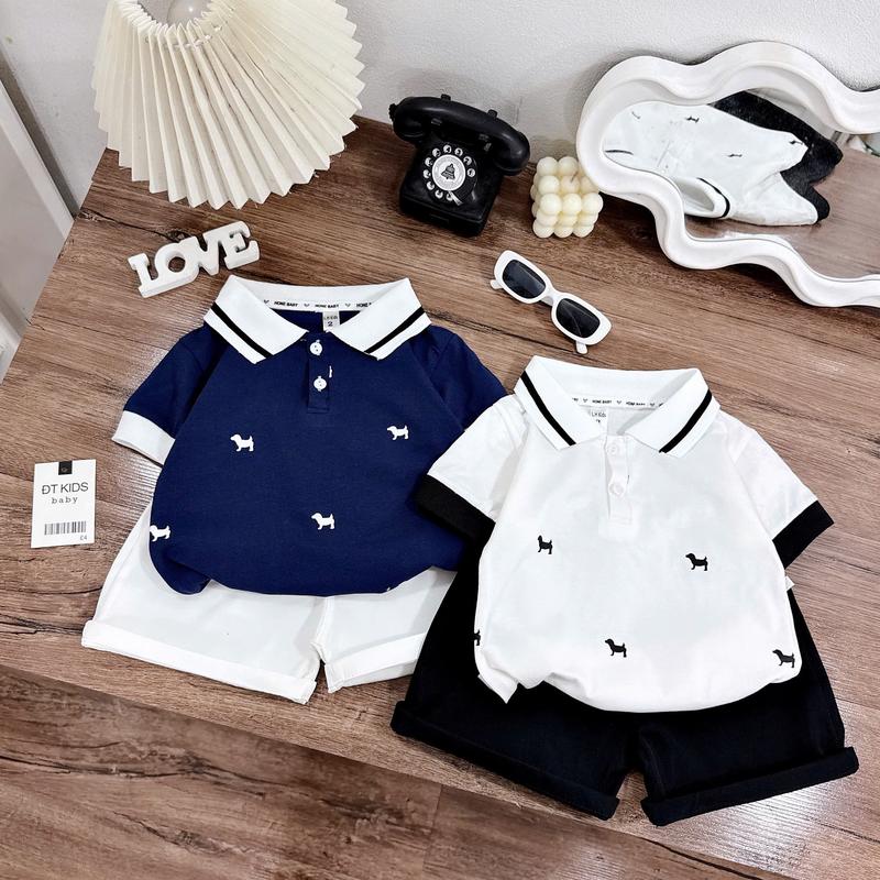 bộ áo thun cotton ngắn tay cổ trụ và quần short thô cho bé trai 8-18kg