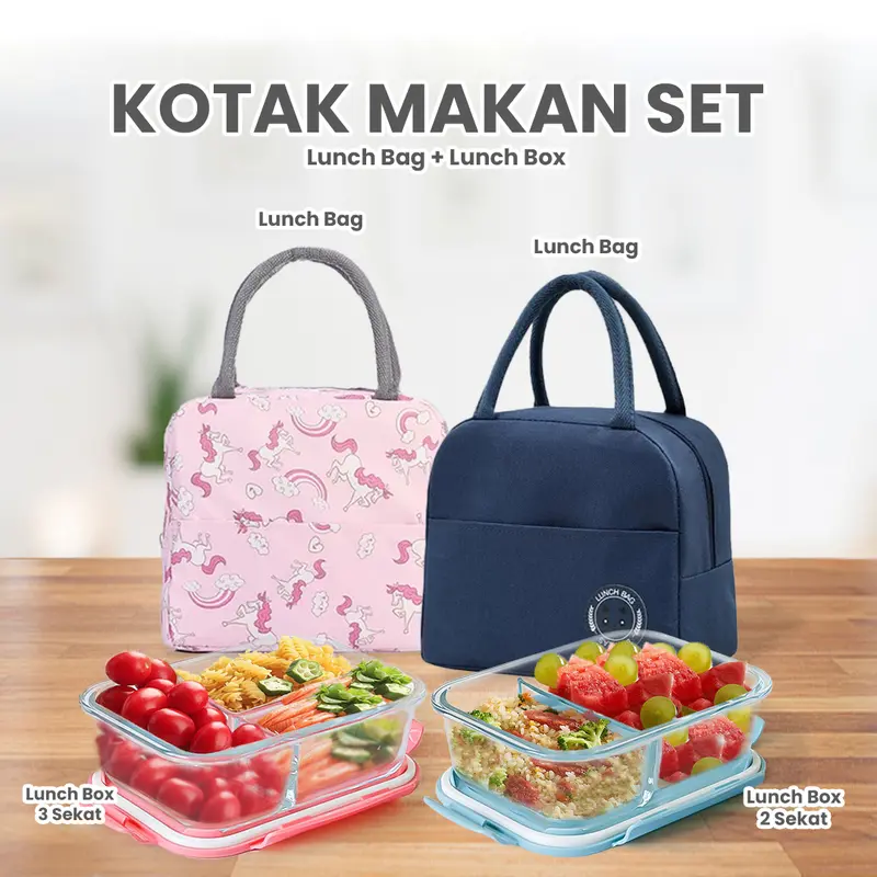 Ideame Perlengkapan Makan Set Hemat 2in1 Lunch Box 2 & 3 Sekat + Lunch Bach / Perlengkapan Makan Praktis 4