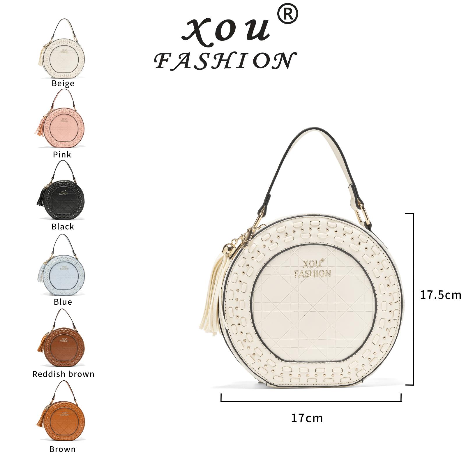 XOU Fashion Tas Selempang Wanita Model Bulat X-720 Desain Rivet Elegan Tali Bahu Nyaman Cocok untuk Sehari-hari