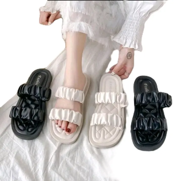 sandal wanita korea kerut kekinian(sandal santai wanita) Hitam 0