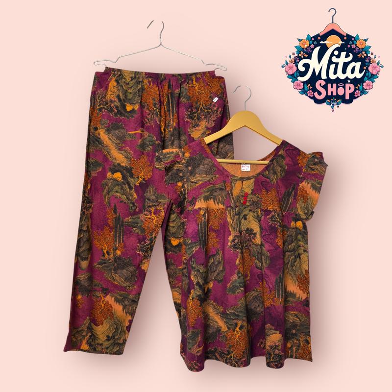 Đồ Bộ Trung Niên Tole Nhung Quần 9 Tấc Tay Cánh Tiên Họa Tiết Hoa Lá - Big Size 49-90kg, Mềm Mịn Thoáng Mát | Quần Áo Nữ Women