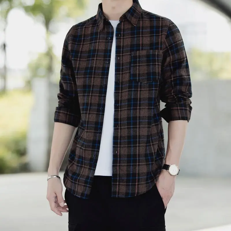 M-3XL Long Sleeve Shirt Shirt Men'S Spring And Autumn New Hot Sale Lapel Check Shirt Vintage Shirt Slim Fashion Trend Handsome Long-Sleeved Shirt