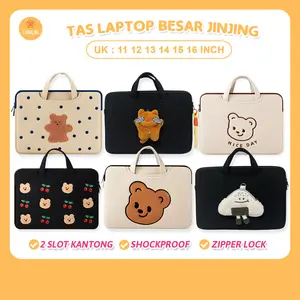 Tas Laptop Jinjing Motif Dibordir Lucu Bahan Katun Tahan Guncangan Muat Laptop 13 14 15 16 inch Coklat Hitam Polkadot Beruang Cheri