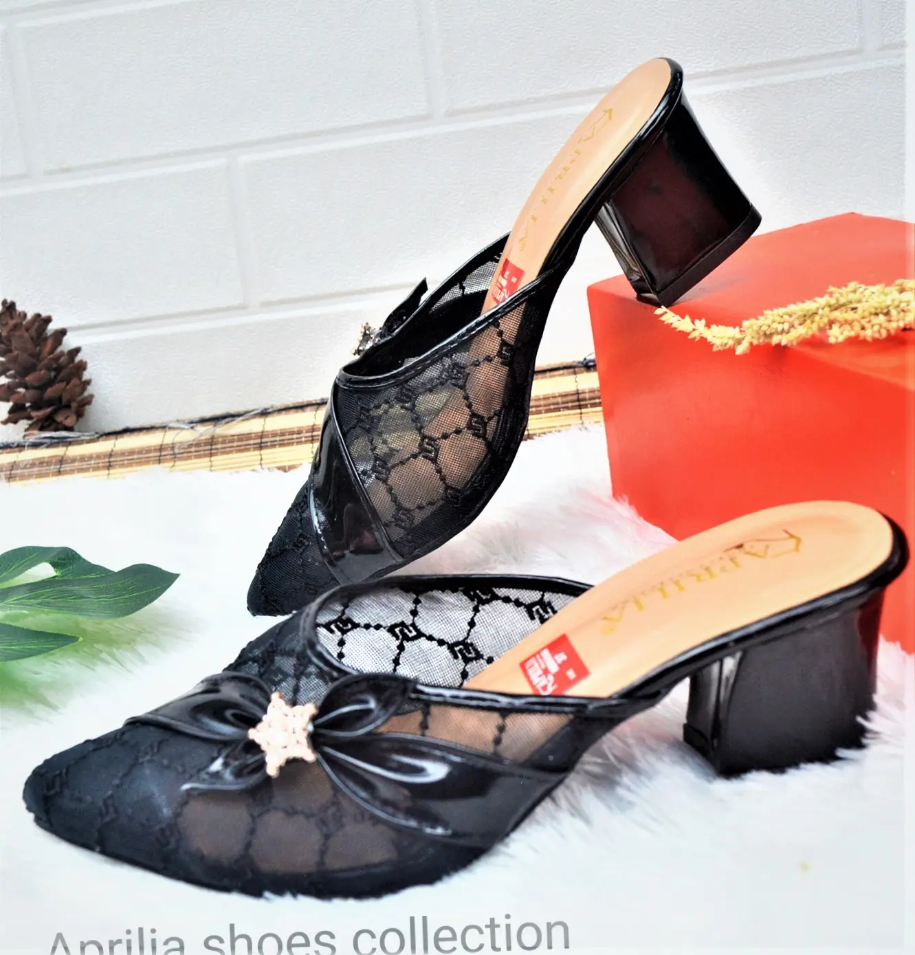Aprilia sandal sepatu heels brukat pesta wanita terbaru hak tahu 5cm/sendal pesta kondangan wisuda weeding resmi formal terbaru kekinian/sandal selop non slip nyaman karet tidak licin/heels cewek formal kekinian