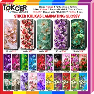 Stiker Kulkas LAMINATING GLOSSY Mengkilap Anti LUNTUR Anti GORES Anti AIR Tahan PANAS ukuran 1 Pintu atau 2 Pintu STANDAR motif Bunga KUPU-KUPU sticker