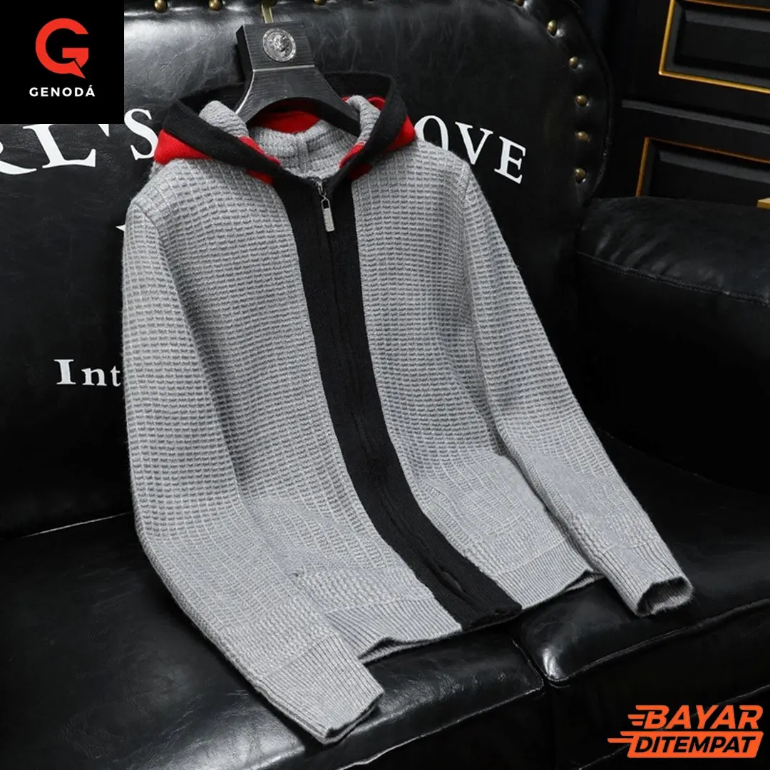 Jaket Rajut Pria Hoodie Resleting Bahan Premium Quality Jacket Rajutan Cowok Kekinian Knitted Cardigan Terbaru 2024
