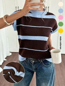 Top de mujer de punto a rayas con cuello redondo y manga corta, estilo casual versátil y sencillo, perfecto para la primavera y el verano en el día a día, los desplazamientos y las actividades al aire libre