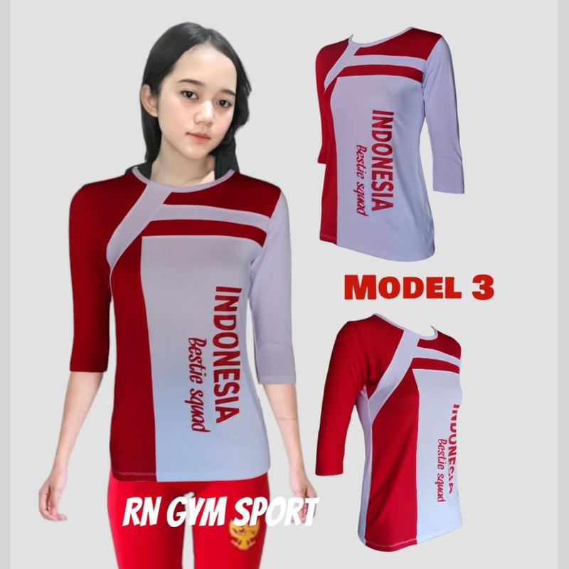 Product Introduction of baju kaos senam wanita atasan olah raga merah putih bahan elastis 5