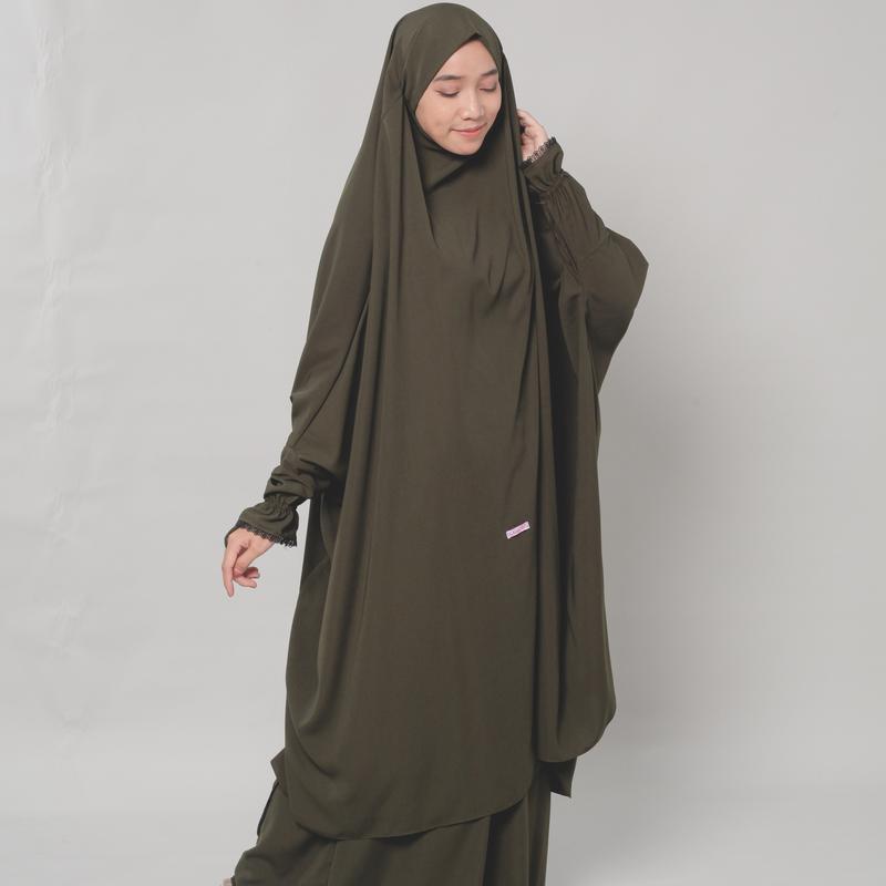 French Khimar tangan Renda syari Bahan Wolfis Malebbii Wardrobe hitam jilbab muslim  panjang  karet instan 1
