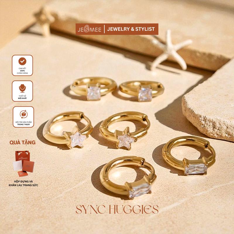Khuyên tai tròn Sync Huggies tình bạn cặp đôi JESMEE 3 loại đá khoá ẩn đeo hàng ngày - E65027