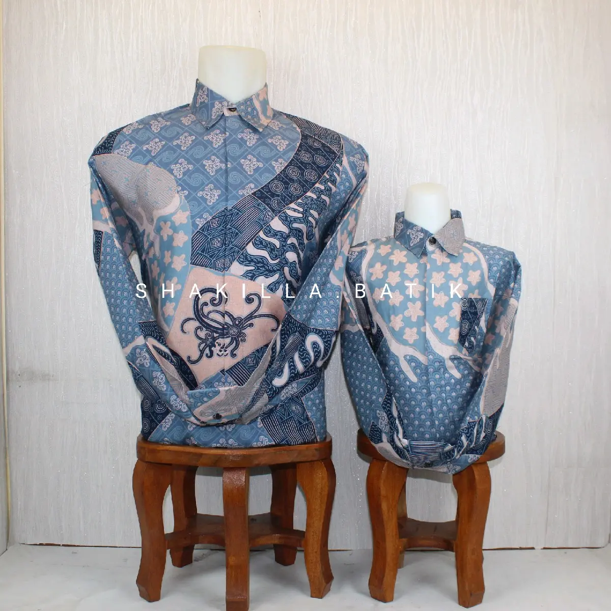 SH11.Kemeja Batik Pria lengan Panjang Couple Ayah dan Anak Bahan Katun premium Lapis Furing Warna Biru Muda Biru Denim