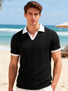Camisa polo de punto texturizado para hombre, primavera y verano, cuello y puños en contraste, cuello en V y manga corta, top casual y transpirable para playa, vacaciones y uso diario