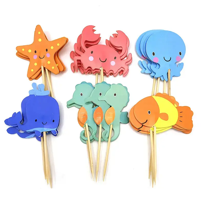 Topper Kue Kertas 6 pcs Hewan Ikan Paus Bintang Laut Kepiting Cumi Cumi Ubur Ubur Kuda Laut / Cake Topper Decoration Ocean Sea Theme Fish Crab Whale Starfish Squid Seahorse / Hiasan Dekorasi Tusukan Tancapan Kue Ulang Tahun Anak Lucu Puding Pudding