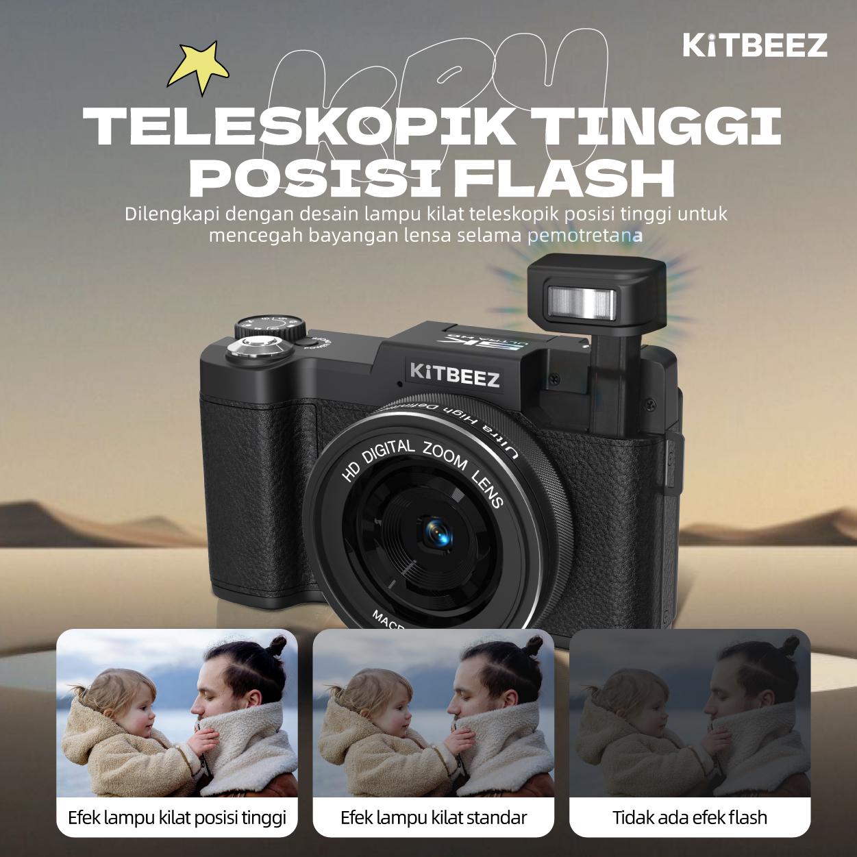 【KiTBEEZ KP-4】 Kamera Digital 5K WiFi 75MP dengan Zoom Digital 18X, Layar Putar 180°, Flash Intelligent Muncul Otomatis untuk Selfie & Pembuatan Vlog
