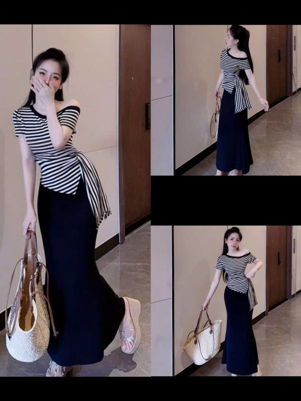  SM - Set áo Lệch vai kẻ sọc tay ngắn vạt nhọn đính dây eo kèm chân váy đuôi cá mặc tôn dáng sang chảnh - thun  gân H634 set bộ  set nữ tôn dáng  set chân váy  set bộ nữ  set đi biển  set váy 