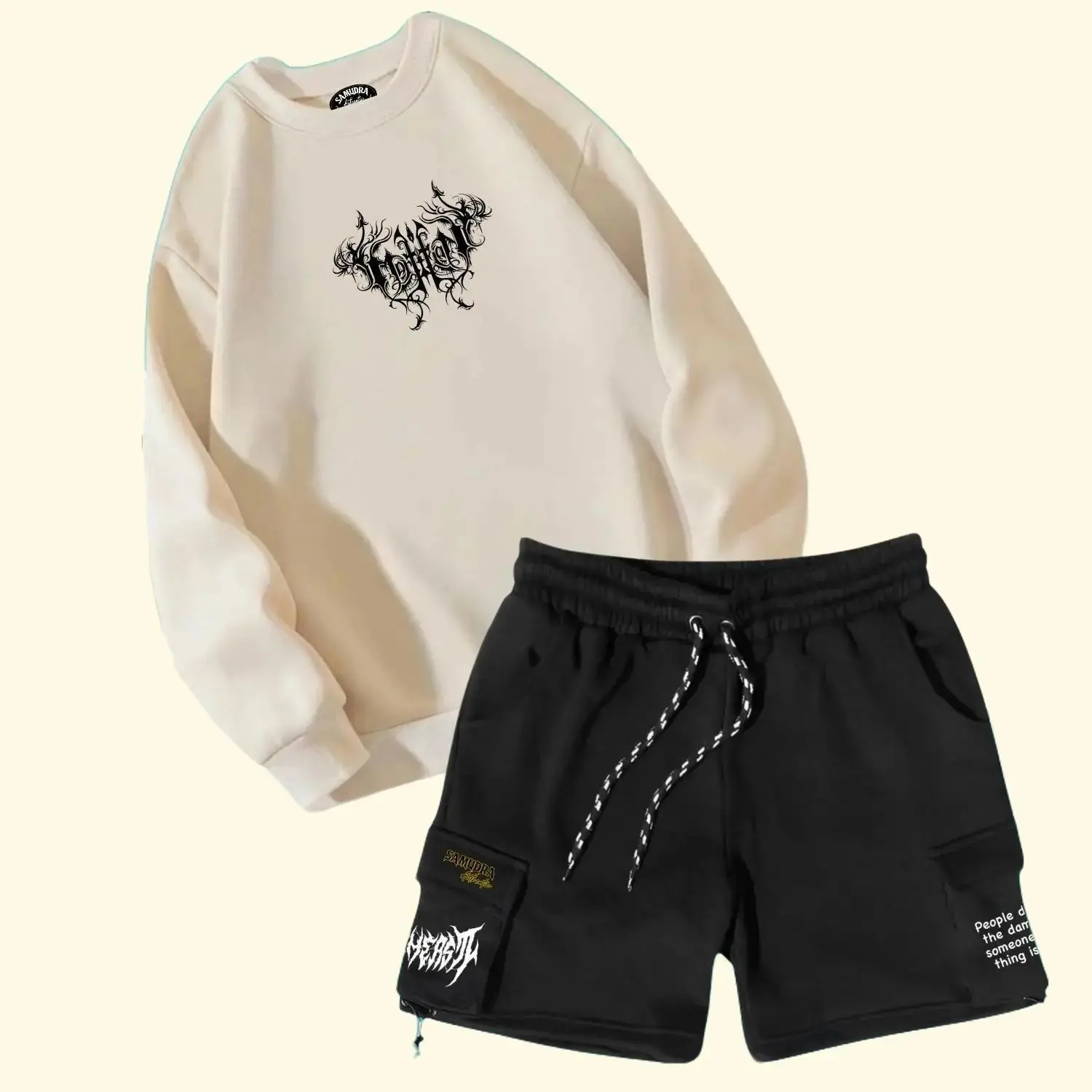 Oneset Pria & Wanita Sweater Crewneck Short Pants Cargo Setelan Unisex Oversize Korean Style Fleece Warna Cream Hitam Celana Distro Polos Casual Katun Tebal Pendek Dewasa sweater  satu set setelan  hoodie setelan  cargo cowok