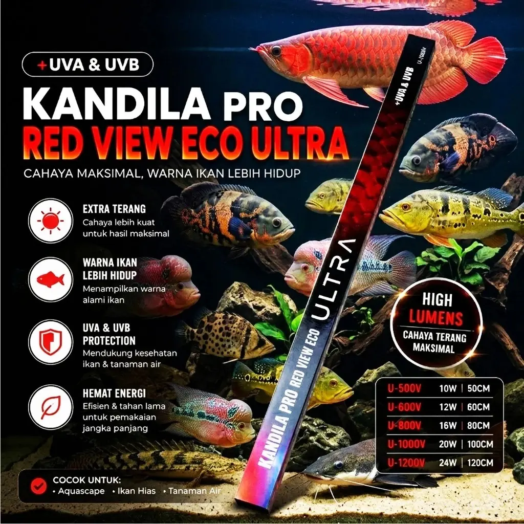 ANDILA PRO RED VIEW ECO ULTRA Lampu Aquarium Berwarna Merah Pada Ikan 20.30.40.50.60 cm