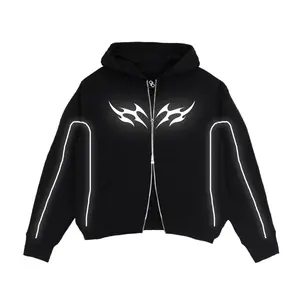 Hoodie Boxy Double Zipper Oversize List Menyala Sablon Reflective Love Hitam