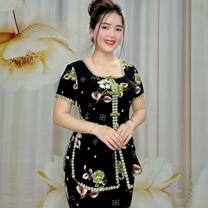 Hải Sơn Women B37 Đồ bộ xẩm nữ trung niên hoạ tiết hoa phối lập thể sang trọng chất liệu vải thun tơ hoa cao cấp