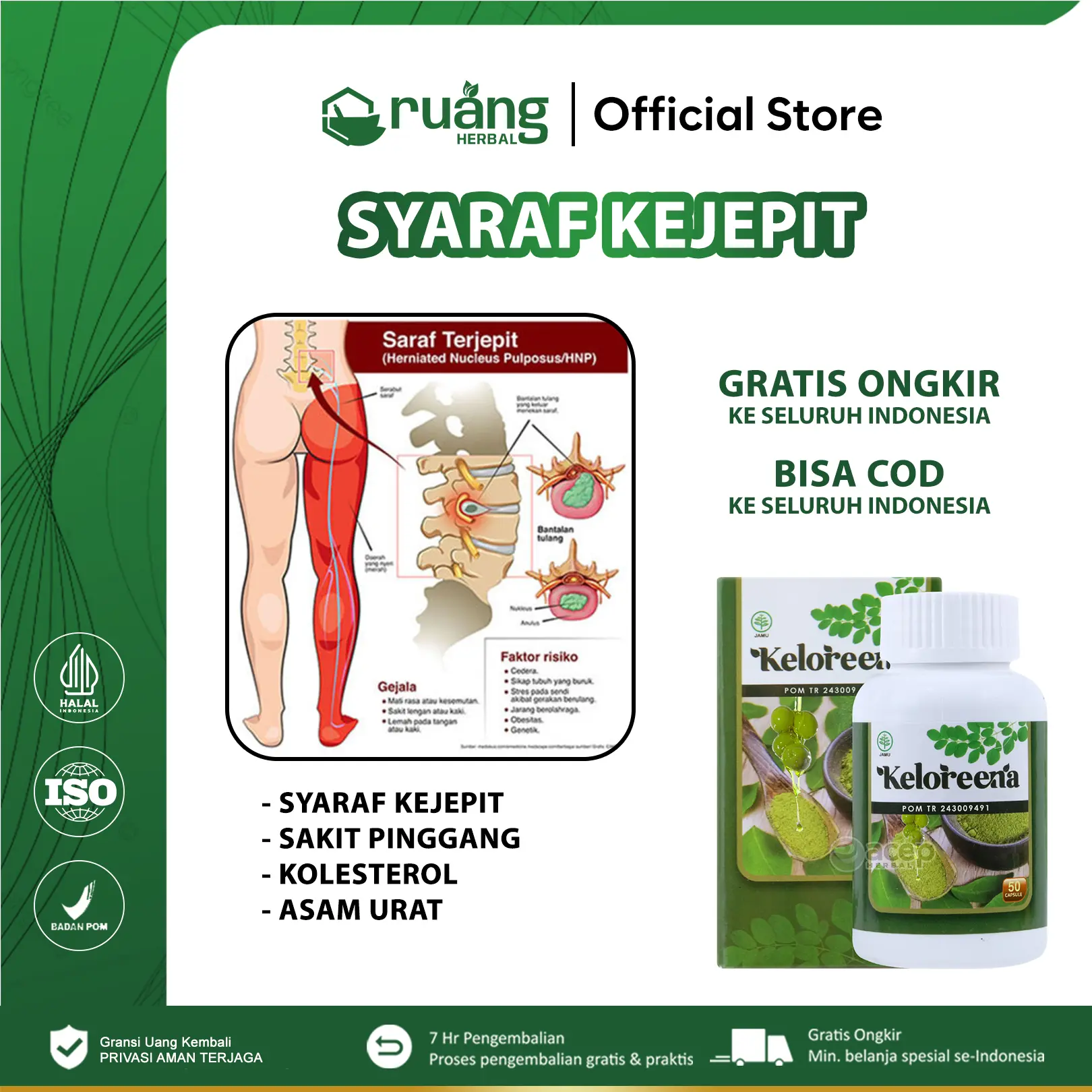 Herbal Saraf Kejepit Pinggul Sampai Kaki Asam Urat Rematik Dengan Keloreena Esktrak Daun Kelor