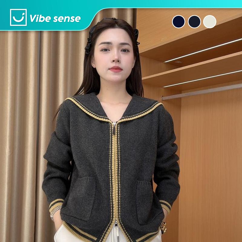  Áo Len Nữ Cổ Thủy Thủ VIBE SENSE Áo Cardigan Cao Cấp Kéo Khóa VBA044 