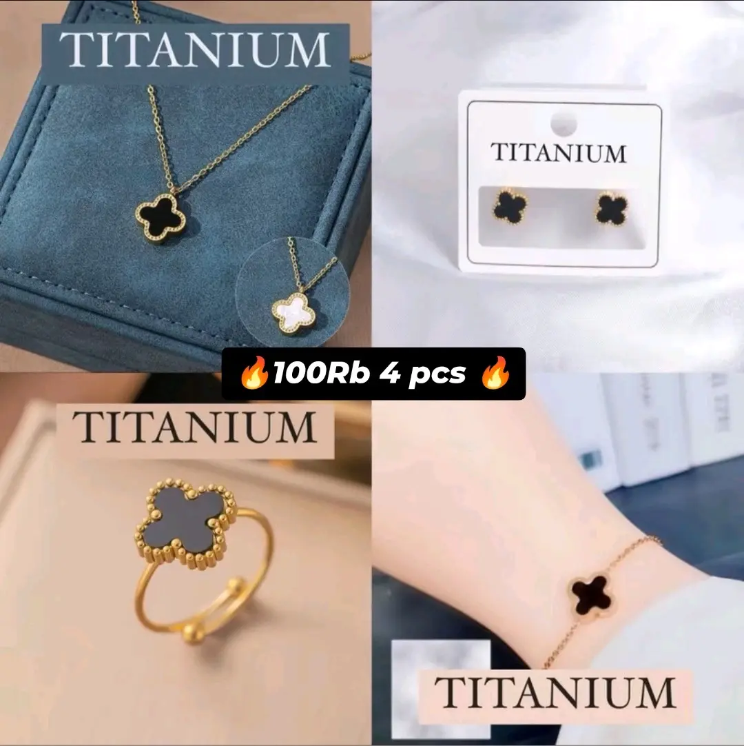 [Hano Accessories] 1 PAKET 100RIBU DAPAT 4 PCS - KALUNG GELANG ANTING CINCIN TITANIUM ANTI KARAT ANTI LUNTUR KUALITAS BAGUS KALUNG GELANG BUNGA CLOVER HITAM PUTIH TWO TONE MANIK CINCIN CLOVER ANTING CLOVER