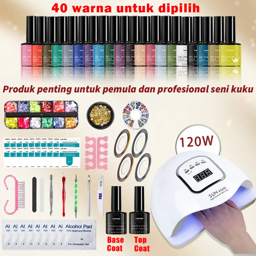 Paket Nail Art Pro 120W UV/LED Lampu Eksklusif Profesional Nail kuku Paket 47pcs Nail Aksesori Pilihan 40 Warna PolishSalon Menyembuhkan Minyak alat sinar nail tool set TonerBotol Foot