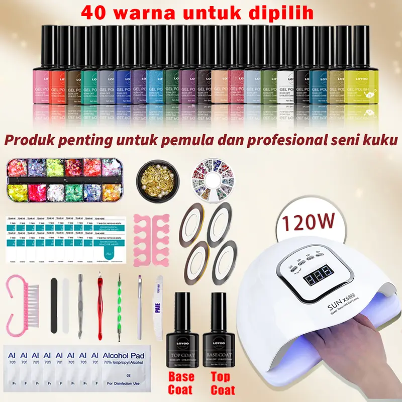 Paket Nail Art Pro 120W UV/LED Lampu Eksklusif Profesional Nail kuku Paket 47pcs Nail Aksesori Pilihan 40 Warna PolishSalon Menyembuhkan Minyak alat sinar nail tool set TonerBotol Foot 0
