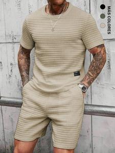 Conjunto de camiseta casual para hombre de ajuste holgado con cuello redondo y shorts con cintura ajustable por cordón, cómodo para uso diario, manga corta, entallado, largo regular