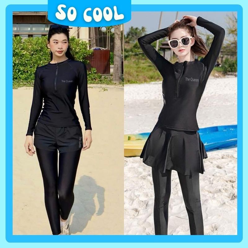  Đồ bơi nữ kín đáo  có bán lẻ  bikini ninja áo tay dài chống nắng quần dài 2 lớp và váy quần dài màu đen Queen 001 