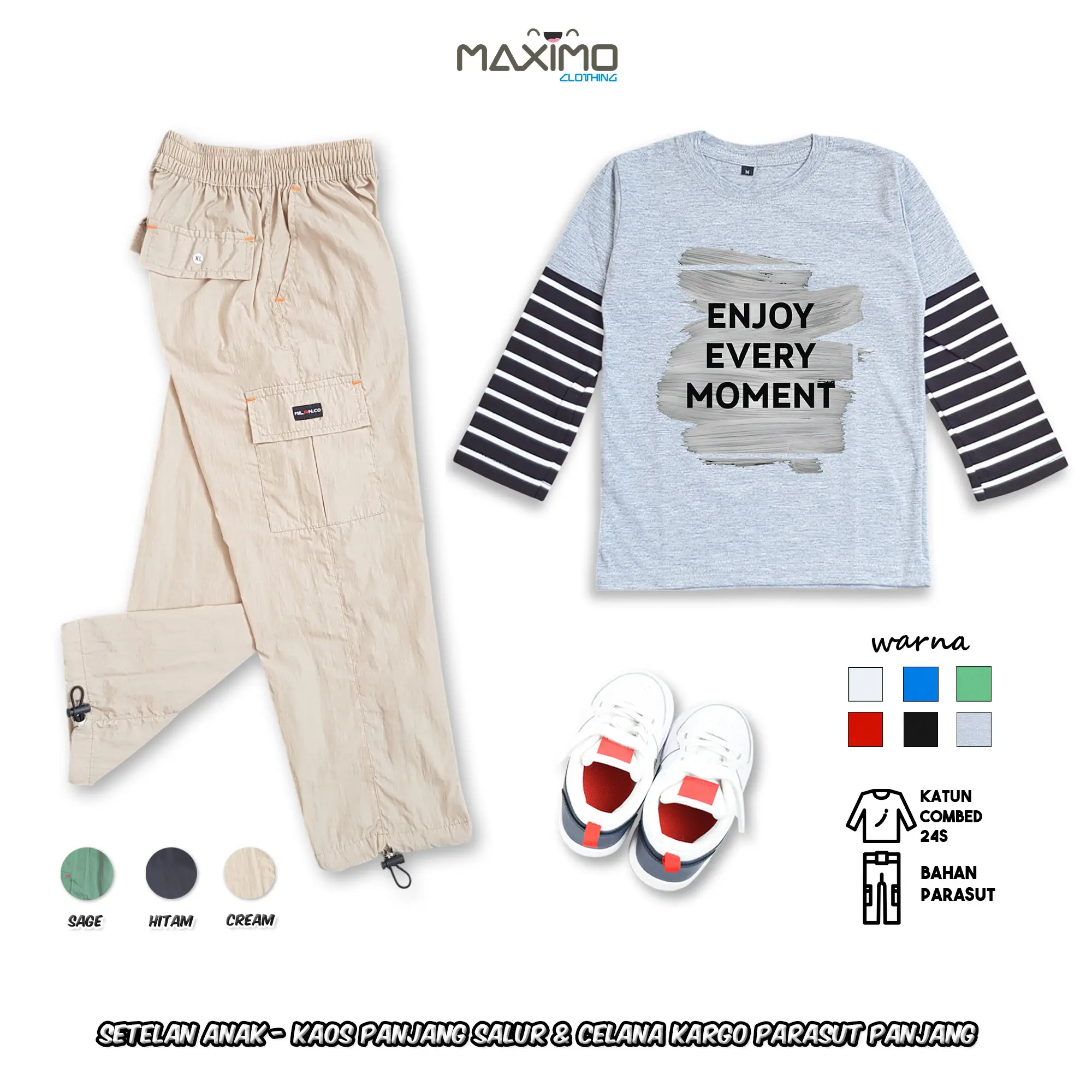 Setelan Anak Enjoy Moment Salur Misty dan Celana Kargo Parasut Panjang 3 warna untuk Usia 4 Hingga 12 Tahun Fashion Anak
