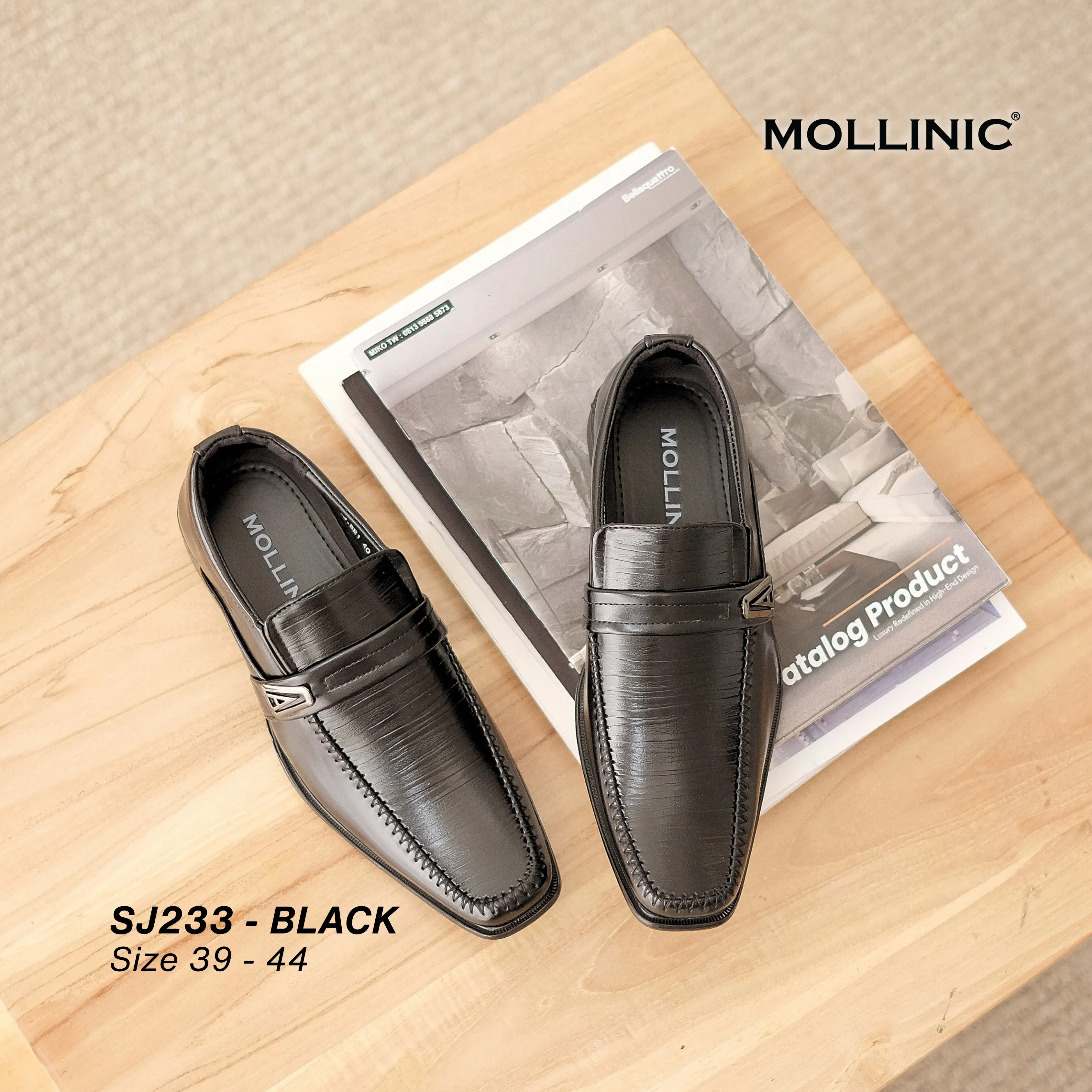 MOLLINIC Sepatu Pantofel Formal Jacob SJ233 Hitam Glossy Elegan Ujung Lancip Anti Slip Comfortable untuk Kerja dan Acara Formal