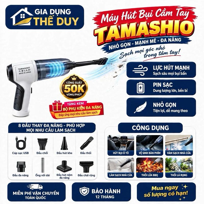 Máy Hút Bụi Cầm Tay Mini, Máy Hút Bụi Ô Tô TAMASHIO Nhật Bản 3 Trong 1 Hút - Bơm - Thổi, 6 Đầu Hút Thay Thế, Lực Hút 9000Pa, Pin 4000mAh tưởng
