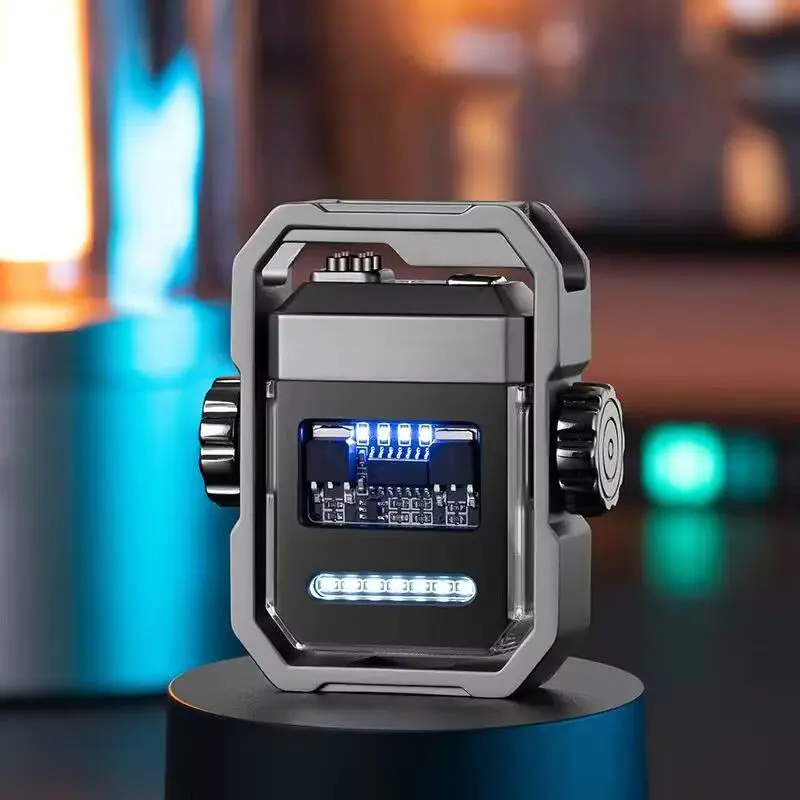 New Pulse Double Arc Outdoor Windproof C Type Charging Plasma Flameless Metal Lighter Mechanical Rotating Gyro