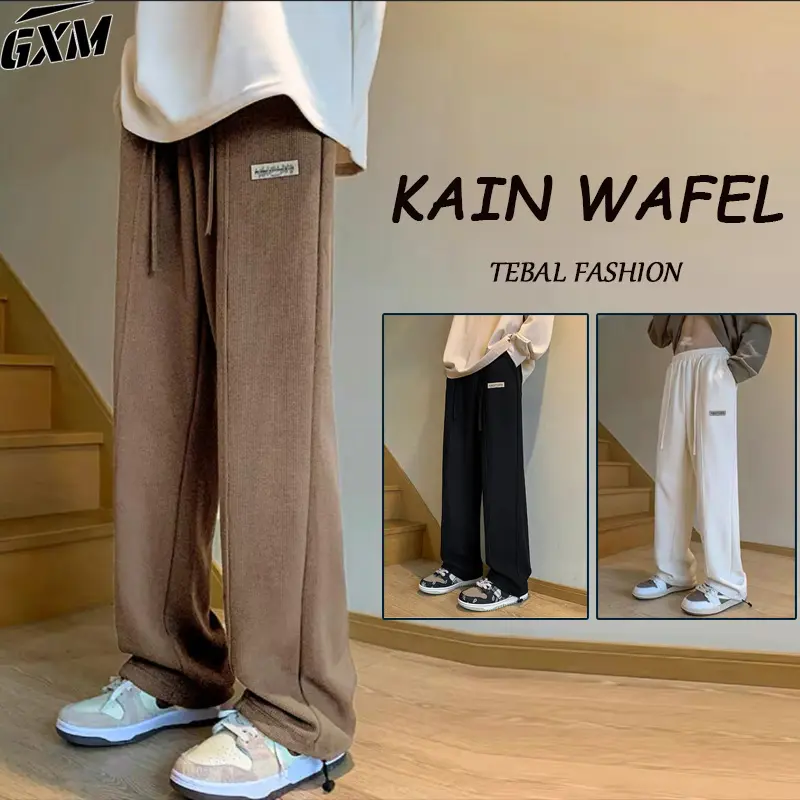 celana kasual pria putih  Waffle Cullotes Pants Celana kulot Berkualitas  celana pinggang karet pria Premium celana pinggang karet celana joger polos pria Sweatpants pria panjang celana remaja loose pants