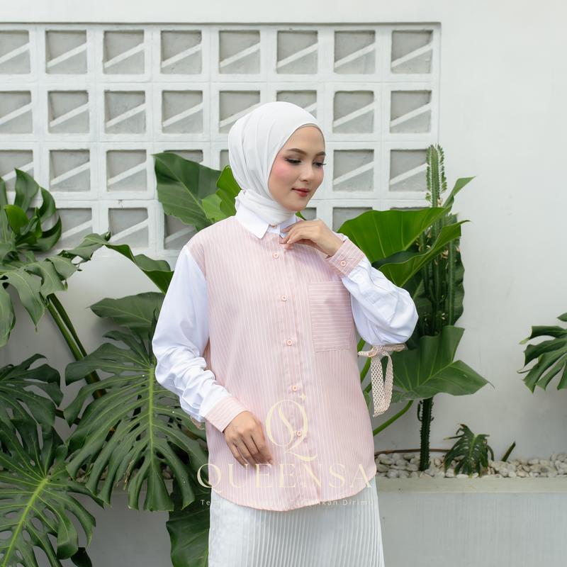 Queensa - Kemeja Azalea Wanita Salur Katun Rayon Polos + Pita | Blouse Lengan Panjang Stylish & Nyaman | Outfit Hijab Casual Terbaru 1
