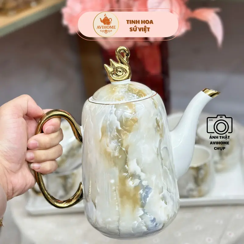 Bộ Ấm Trà Sứ Hoạ Tiết Vân Đá Nắp Thiên Nga Kèm Khay [Y15A-8] 6