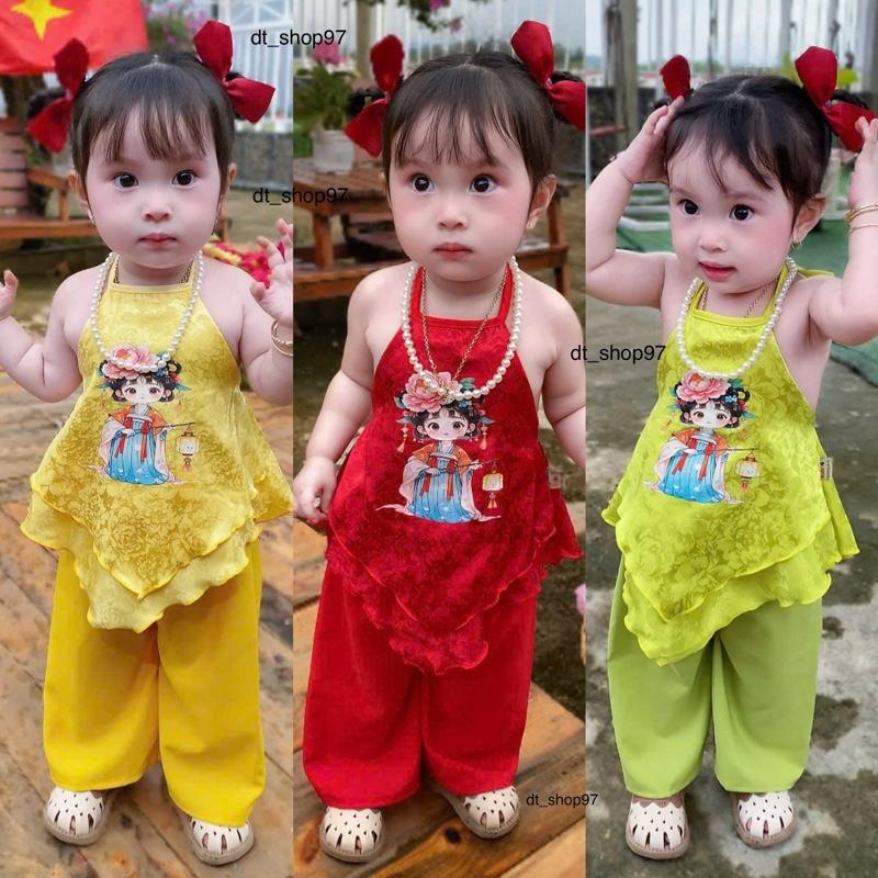 YG16 Bộ quần áo yếm gấm hoa in hình Hằng Nga quần ống rộng cho bé gái 6kg-14kg được chọn màu yếm trung thu