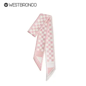 Westbronco [Silk Charm Gift] Syal sutra kotak-kotak merah muda, Ikat rambut, Hiasan tas, Dipakai sehari-hari