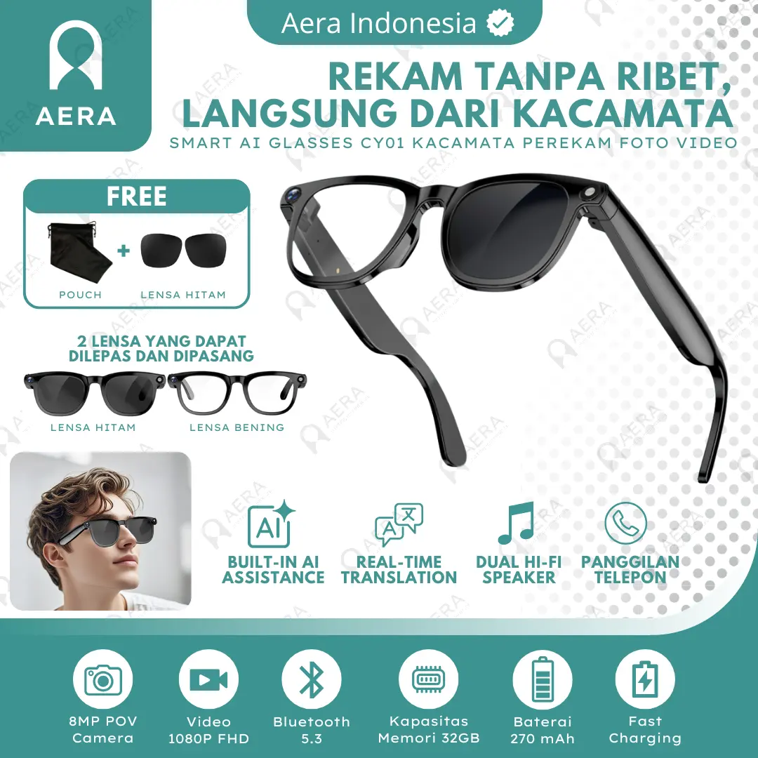 Smart Glasses CY-01 Kacamata AI Smart Photo Voice Assistant Translator Real Time Glasses Rekam Video 1080P HD - Kacamata Pintar Dual Lensa Kamera 8 MP Bluetooth Music Telepon