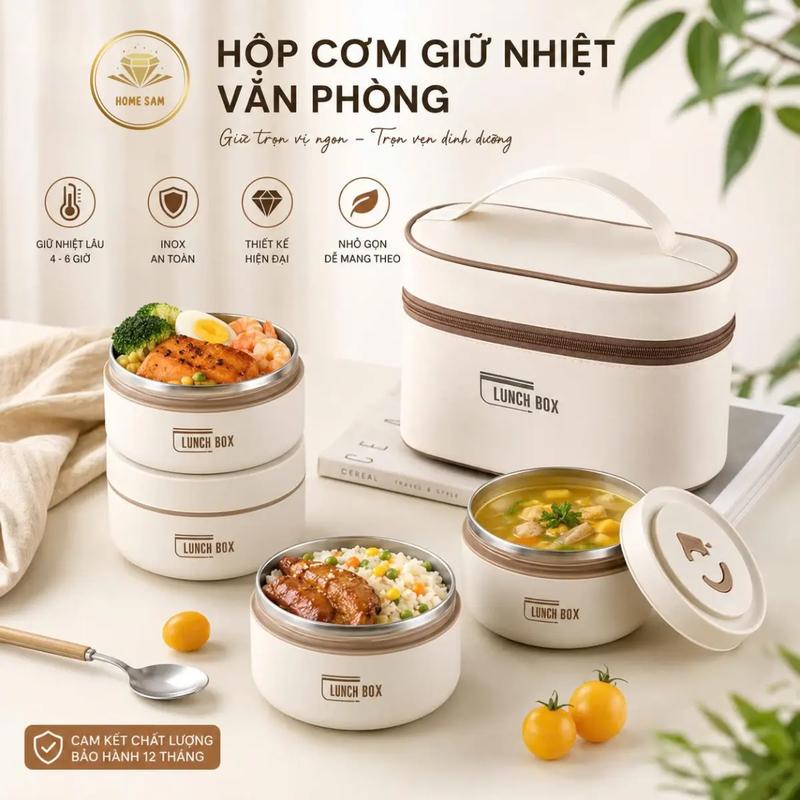 Hộp Cơm Giữ Nhiệt 4 Ngăn Giữ Nhiệt 4-6 Tiếng, Hộp Cơm Văn Phòng Tiện Lợi Dùng Được Lò Vi Sóng, cặp lồng đựnġ thức ăn