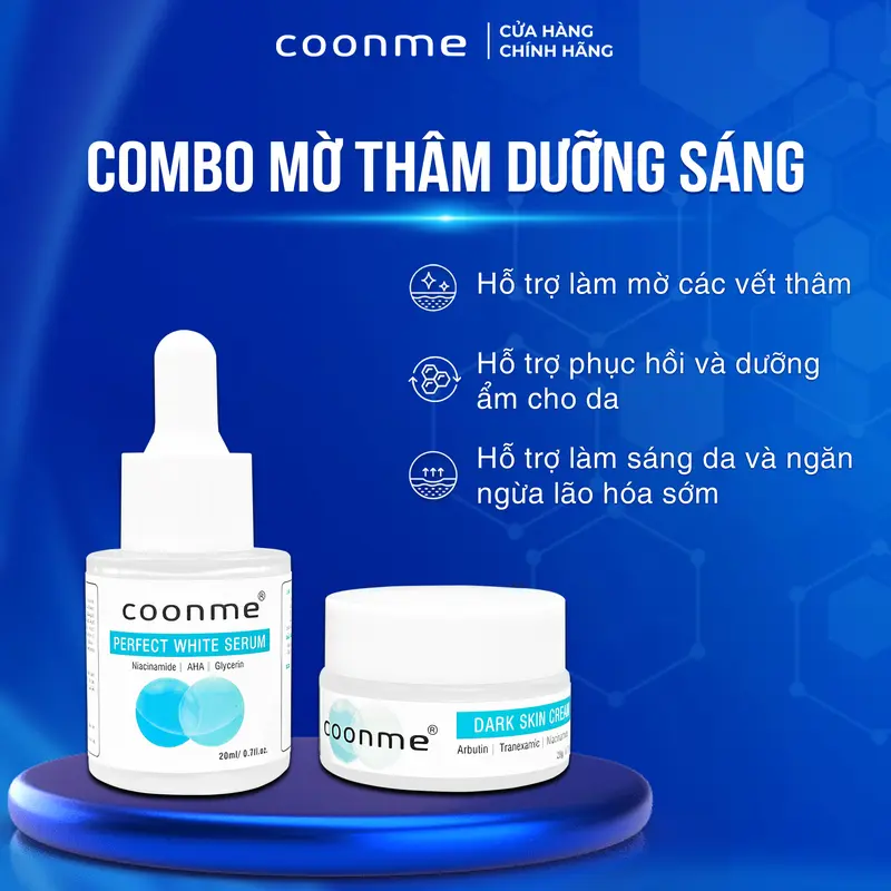 COONME combo mờ thâm gồm SERUM (Perfect white serum) 20ml + Kem ( Dark skin cream) 20g hỗ trợ mờ thâm thâm đỏ, thâm đen, thâm do mụn dưỡng sáng da Skincare
