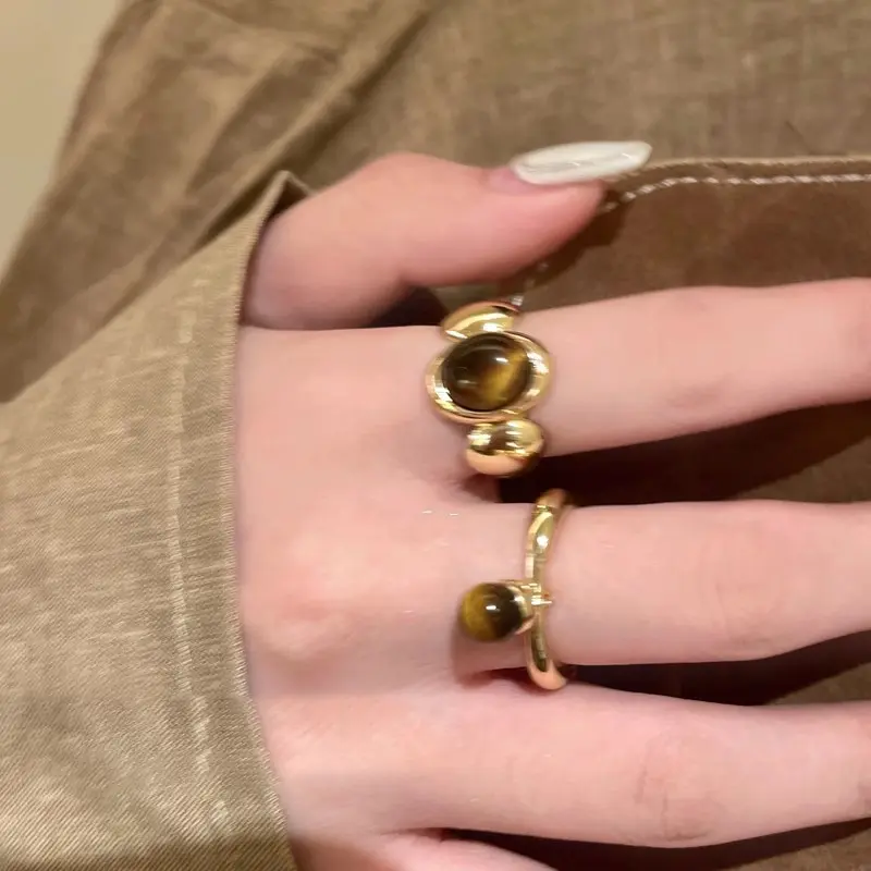【TANRVAID】Cincin Batu Mata Harimau Retro untuk Wanita, Cincin Terbuka Serbaguna dengan Temperamen yang Modis untuk Jari Telunjuk